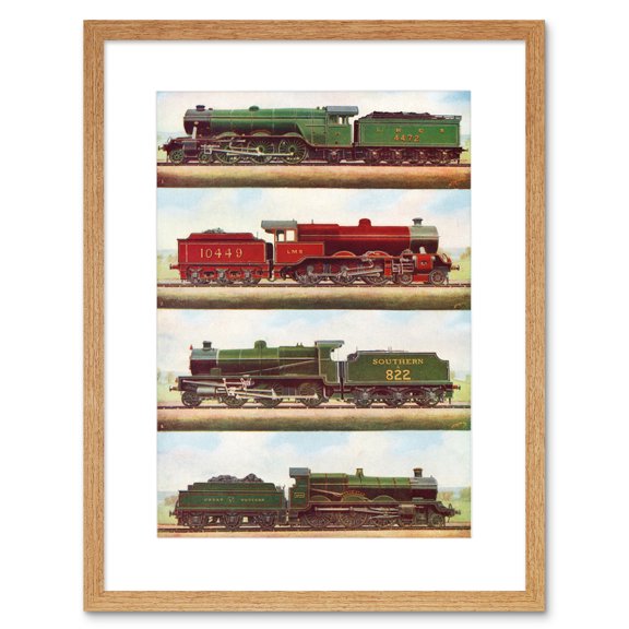 Transport Red Green Four Train Engine Locomotives Vintage Illustration Artwork Framed Wall Art Print 12X16 Inch