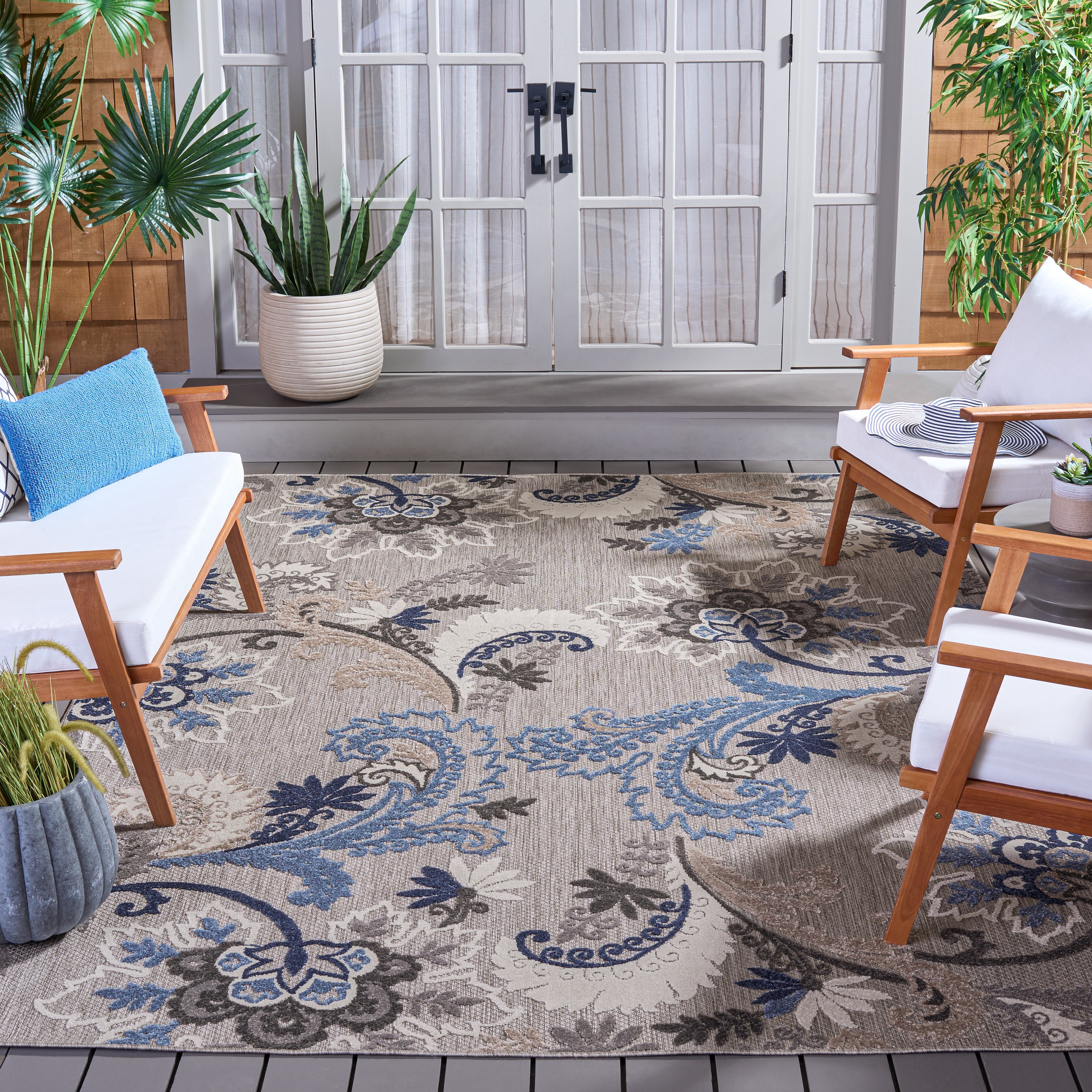SAFAVIEH Cabana Lowell Floral Indoor/Outdoor Area Rug, Grey/Blue, 8' x 10'