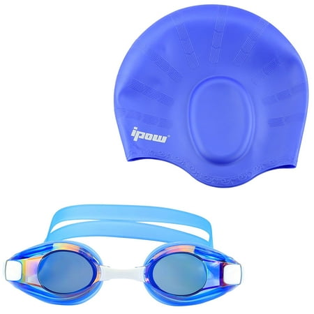 Swimming Goggles + Cap, IPOW Anti-Fog Swim Goggles Glasses Silicone Waterproof Swimming Cap Hat Goggle and Swim Cap for Adults Women Long Hair Men Kids Girls Boys Youths Swimmers, Blue