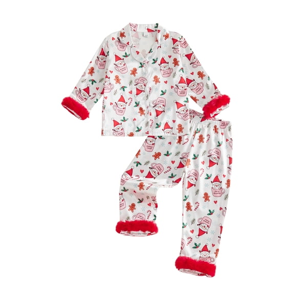 Cjfdfy Toddler Girls 2Pcs Christmas Pajamas Long Sleeve Cartoon Print Fur Trim Shirt Pants Set Toddler Loungewear Christmas Tree, Santa Claus, Gingerbread Man Print Pajamas Set 1-7Y