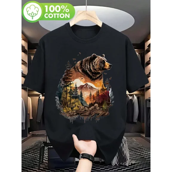 Men's Bear Mountain Nature Graphic T-Shirt, 100% Cotton Short Sleeve Wilderness Tee