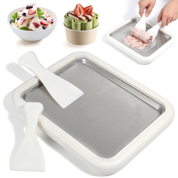 Rolled Ice Cream Freezing Tray Kit - Stainless Steel Frozen Dessert Plate with 2 Spatulas - Reusable Ice Cream Roll Maker for Homemade Frozen Yogurt, Gelato & Sorbet
