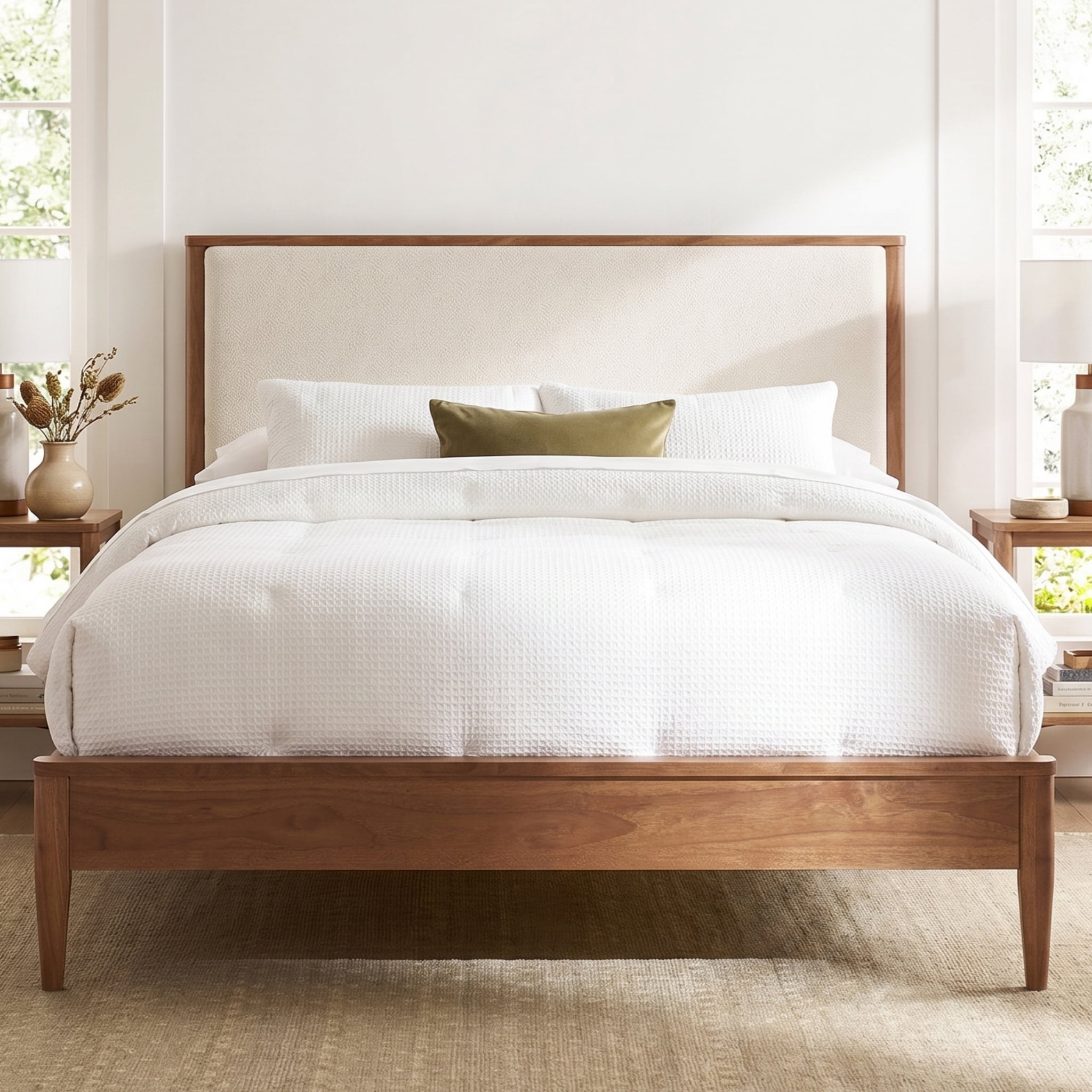 Euroco Wood Queen Size Platform Bed, Mid-Century Modern Style Platform Bed with Boucle Upholstered Headboard, Walnut