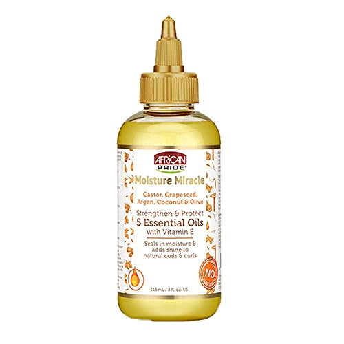 African Pride Miracle 5 Essential Oils - Castor, Grapeseed, Argan, Coconut & Olive Oil, Moisture & Adds Hair, Vitamin E, 4 oz
