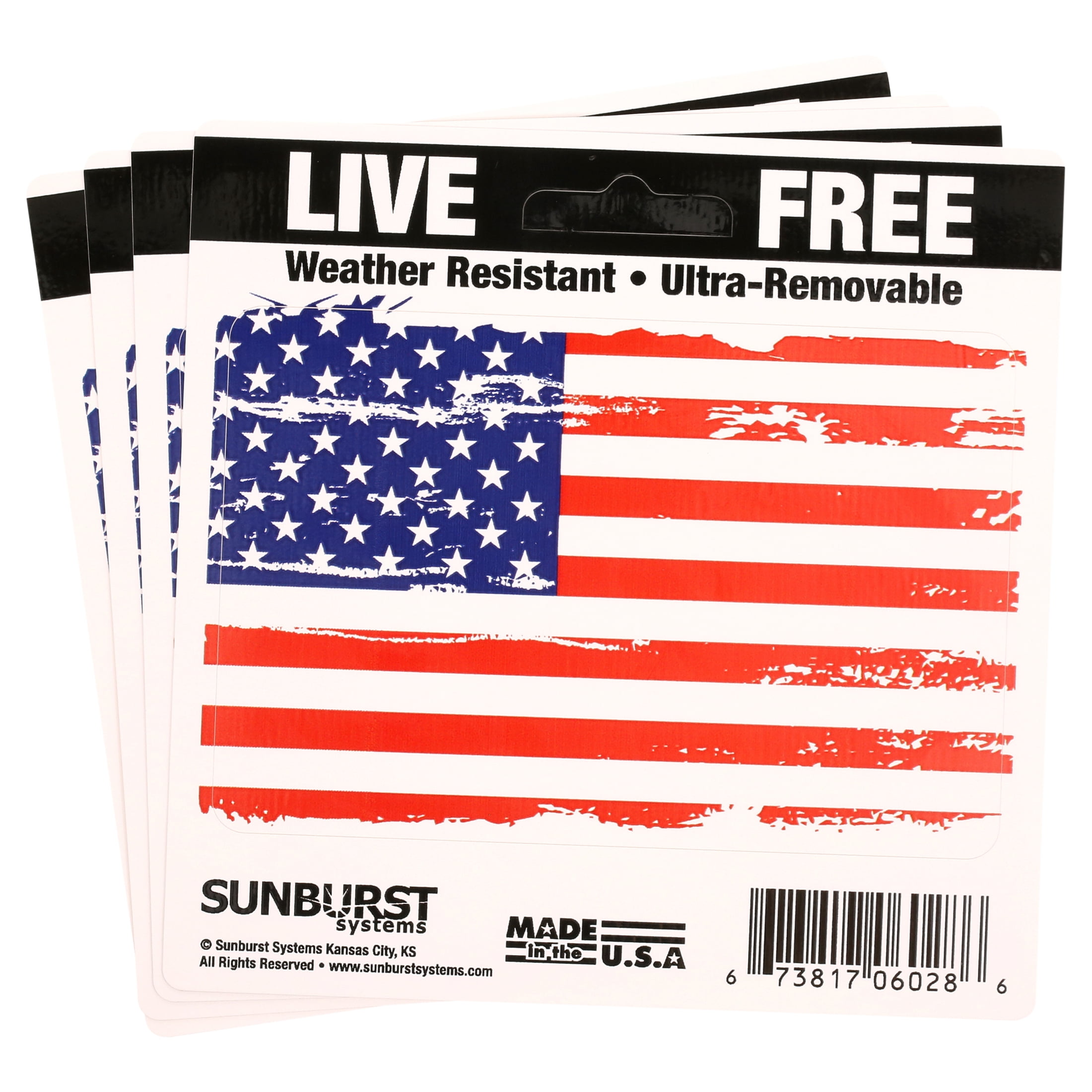 Sunburst Systems 6128 Distressed Patriotic Flag Weather Resistant Removable Decal Sticker, High Quality Outdoor Durable Vinyl, American Pride, United State, 3" H x 4.5" W, 4 pack