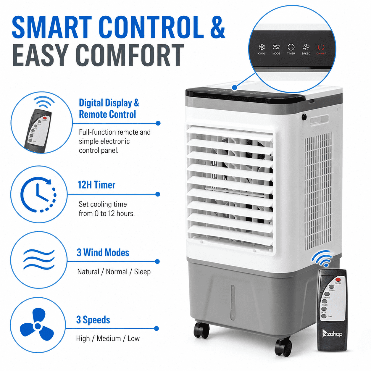 Alvantor 3 in 1 Portable Evaporative Air Cooler, 461 CFM Swamp Cooler Fan with Remote, 5.28 Gal Tank, 12H Timer, Gray and White