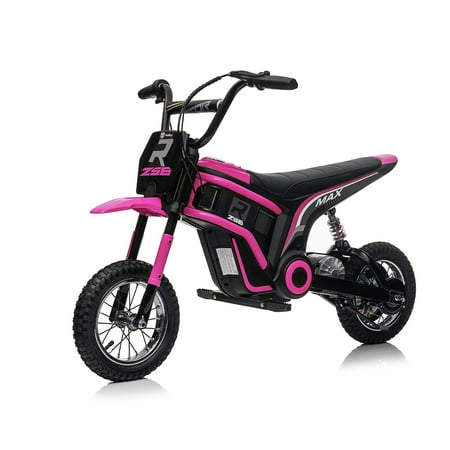 BISHE 24V Electric Kids Motocross Motorcycle Dirt Bike, Motocross Bike Geometry, XXL Large, Dual Suspension, Hand-Operated Dual Brakes, Twist Grip Throttle, Pink
