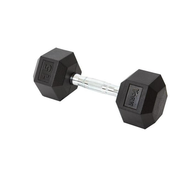 York Barbell  Rubber Hex Dumbbell with Chrome Ergo Handle - 15 lbs