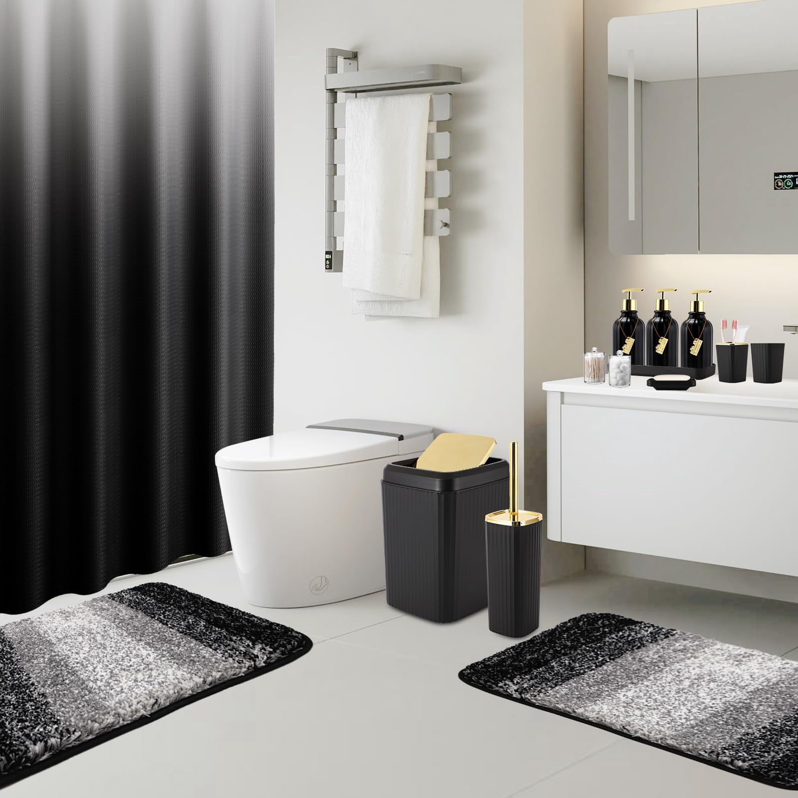 17PCS Bathroom Accessories Bathroom Set Black Bathroom Accessories,Toilet Brush, Trash Can, Qtip Holder Dispenser& 3PCS Soap Dispenser
