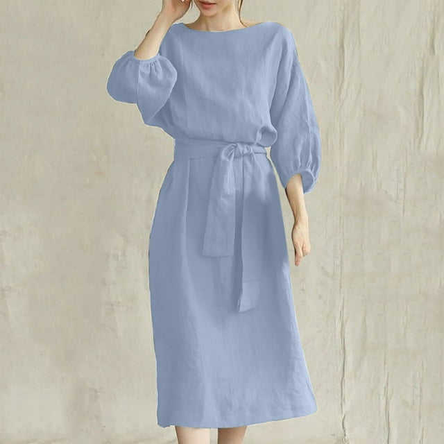 EGNMCR Robes de Vacances pour Femmes Mode Féminine Col Rond Manches Courtes Ample Robe Mi-Mollet Longue