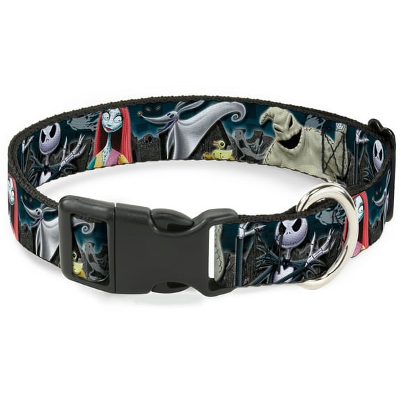 Disney Pet Collar, Dog Collar Plastic Buckle, Nightmare Before Christmas Character Group Cemetery Scene, 7 to 8.5 Inches 0.5 Inch Wide