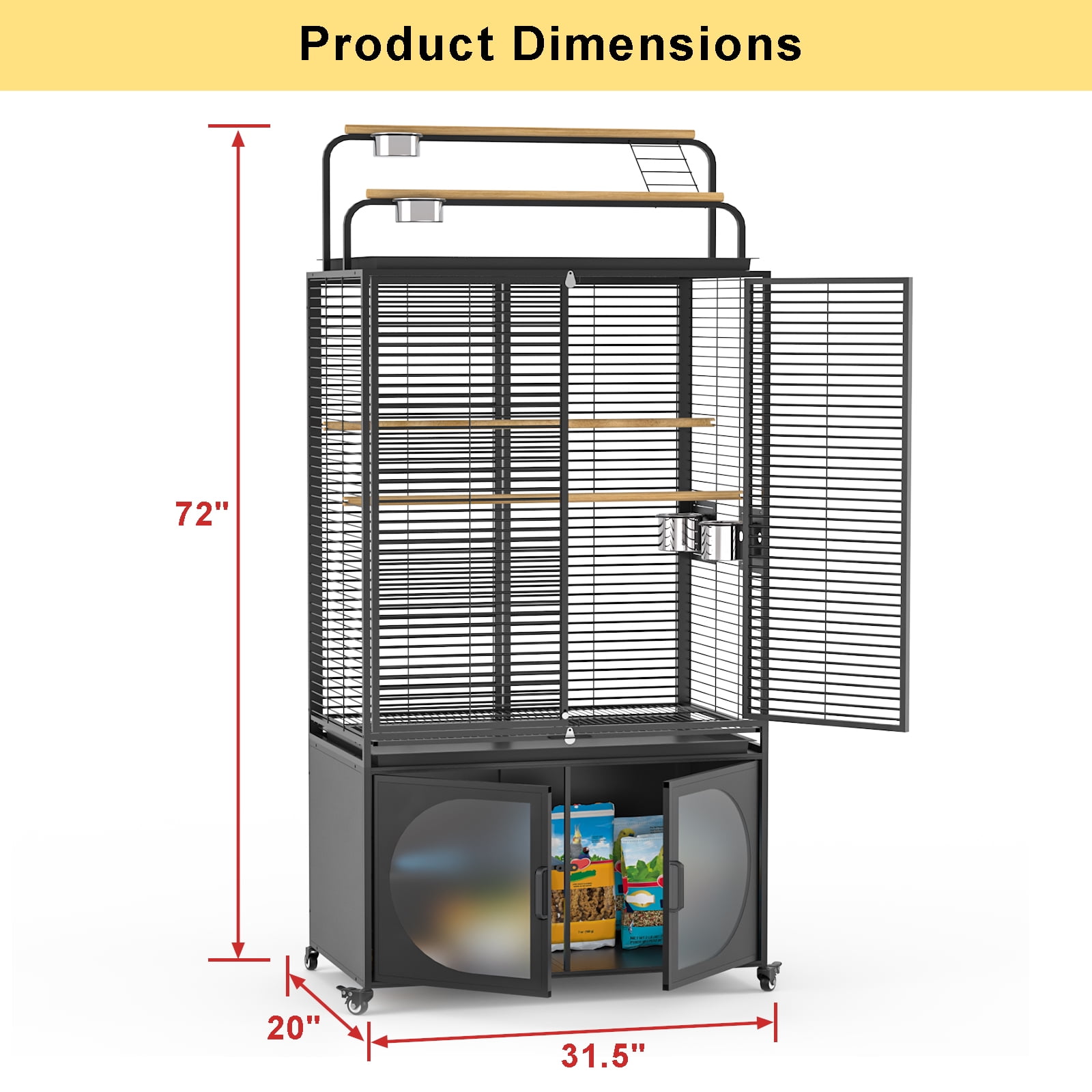 GDLF 72-Inch Bird Cage With Play Top and Rolling Storage Cabinet Extra Large With Cover for Parrot, Parakeet, Cockatiel, Budgie , Parrotlet, Green Cheek Conure