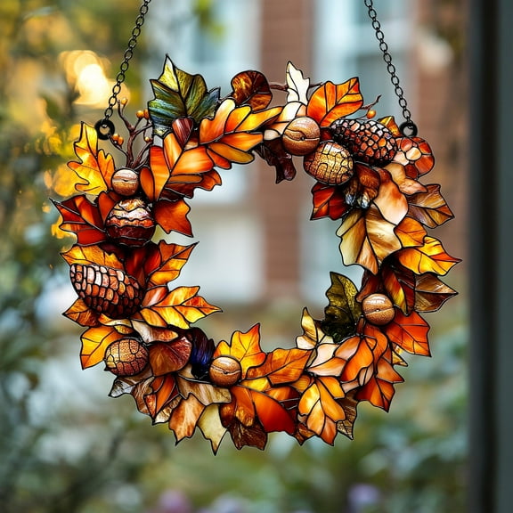 Autumn Leaf Acorn Wreath Acrylic Suncatcher, Faux Stained Glass Fall Window Hanging, Harvest Maple Pinecone Decor Gift For Thanksgiving