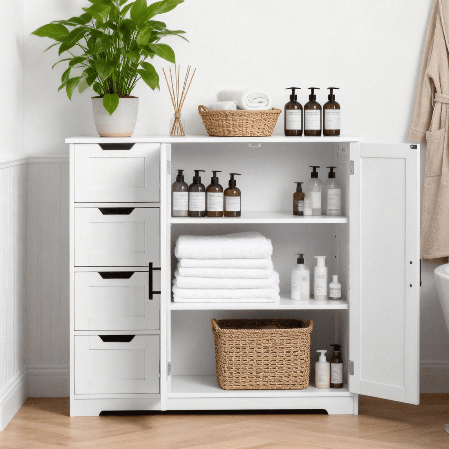 Ktaxon Wooden Bathroom Floor Cabinet with 4 Drawers & 1 Cupboard for Living Room Entryway, White