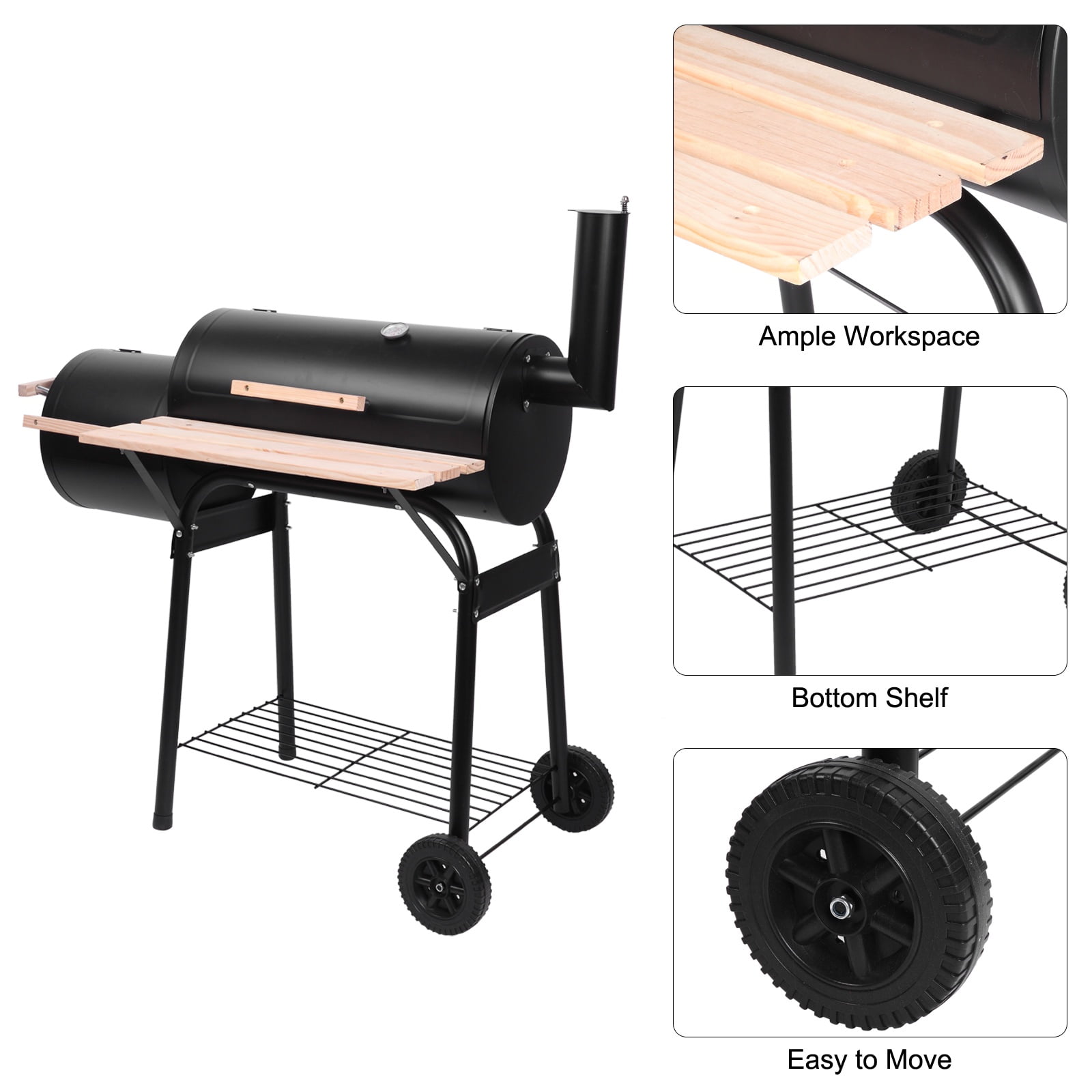 ENYOPRO Charcoal Grill,Outdoor BBQ Smoker Grill,Offset Smoker & Side Fire Box,with Thermometer,Wheels & Wooden Shelf for Backyard Patio Cooking