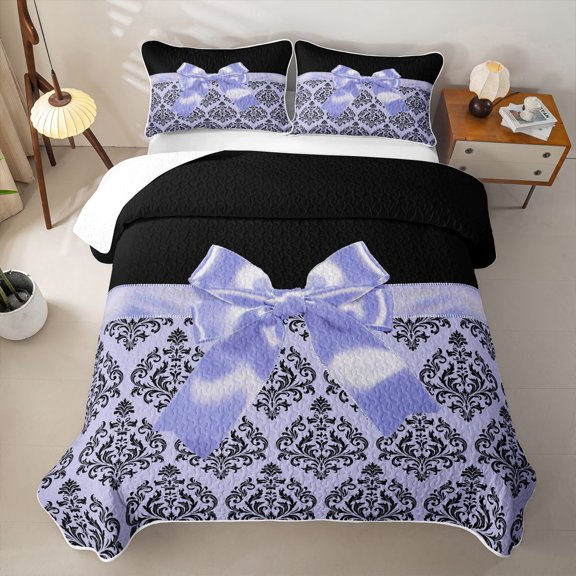 Erosebridal Purple Cute Bows Girls Twin Quilt Set,Gothic Vintage Floral Twin Coverlet Set For Adult,2-Piece
