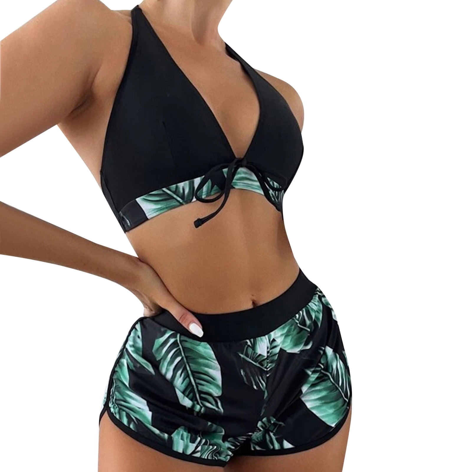 Bikini Sets Swimsuit for Women Fashion Color 3pack Tropical Print Halter With Swim Shorts Split Push Up Beachwear Swimwear Bathing Suit - Walmart.com