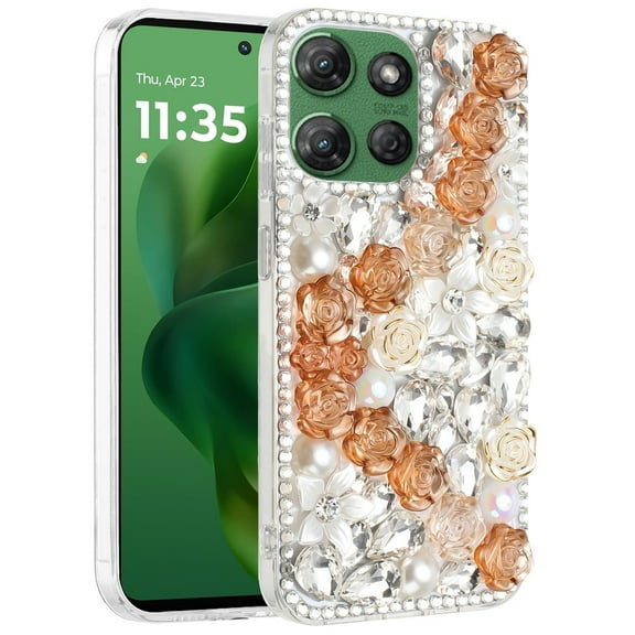 XPM for Motorola Edge 2025 Phone Case, Fashion Rose Flower Floral Bling Crystal 3D Full Diamonds Pearl Sparkle Rhinestone Glitter Hybrid Cover for Motorola Edge (2025) (Gold)
