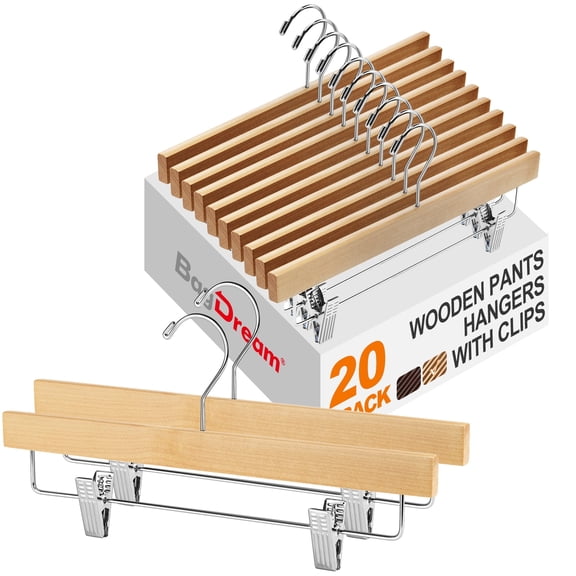 BagDream 20 Pack Wooden Pants Hangers with Clips, 14 Inch Wood Skirt Hangers Trousers Bottom Hangers for Jeans, Slacks, Shorts, Natural