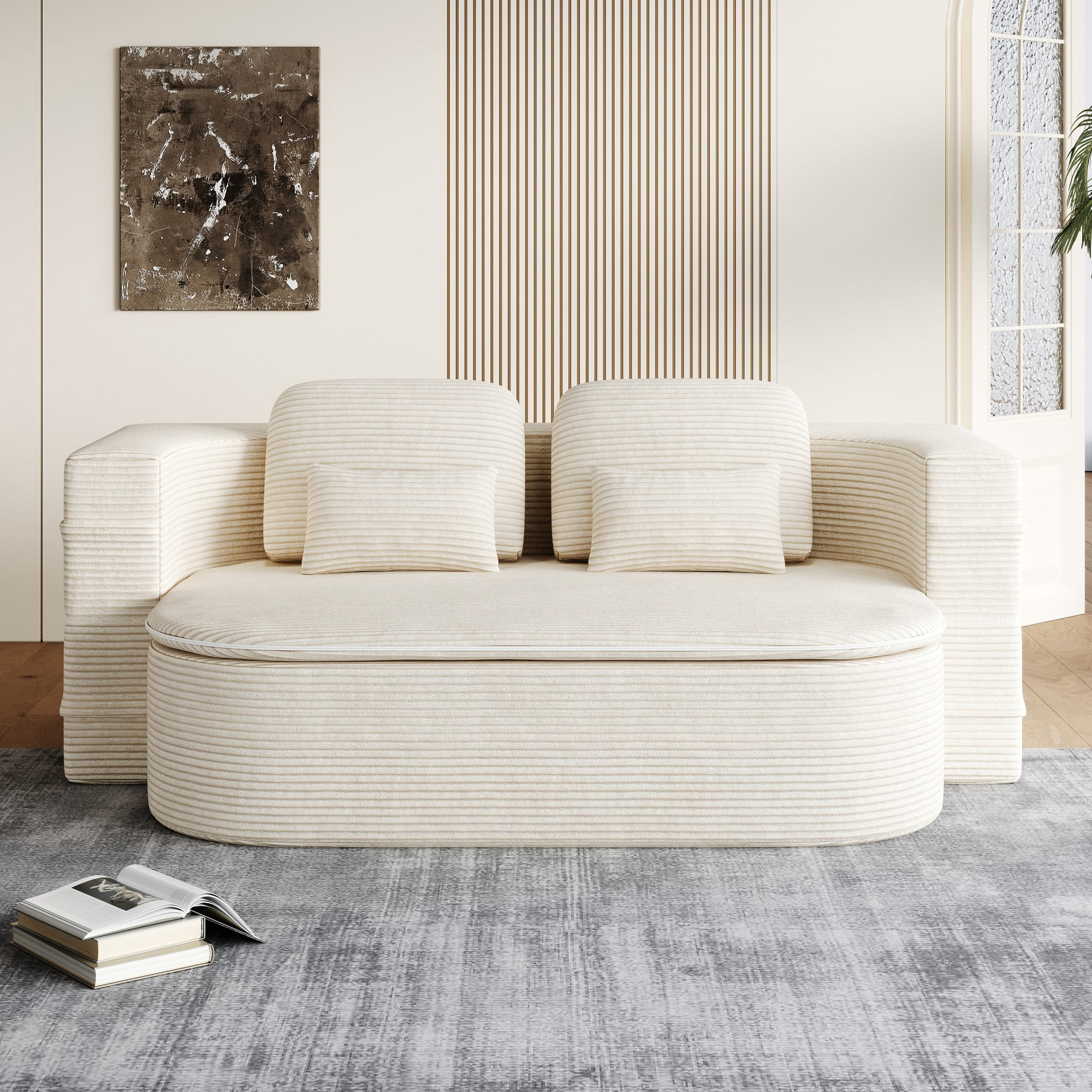 2-in-1 Convertible Sofa Bed,75'' Foldable Sleeper Sofa Bed,Corduroy Floor Folding Sofa Bed Lounge Sofa with Multi Functional Blanket for Living Room Bedroom,Beige