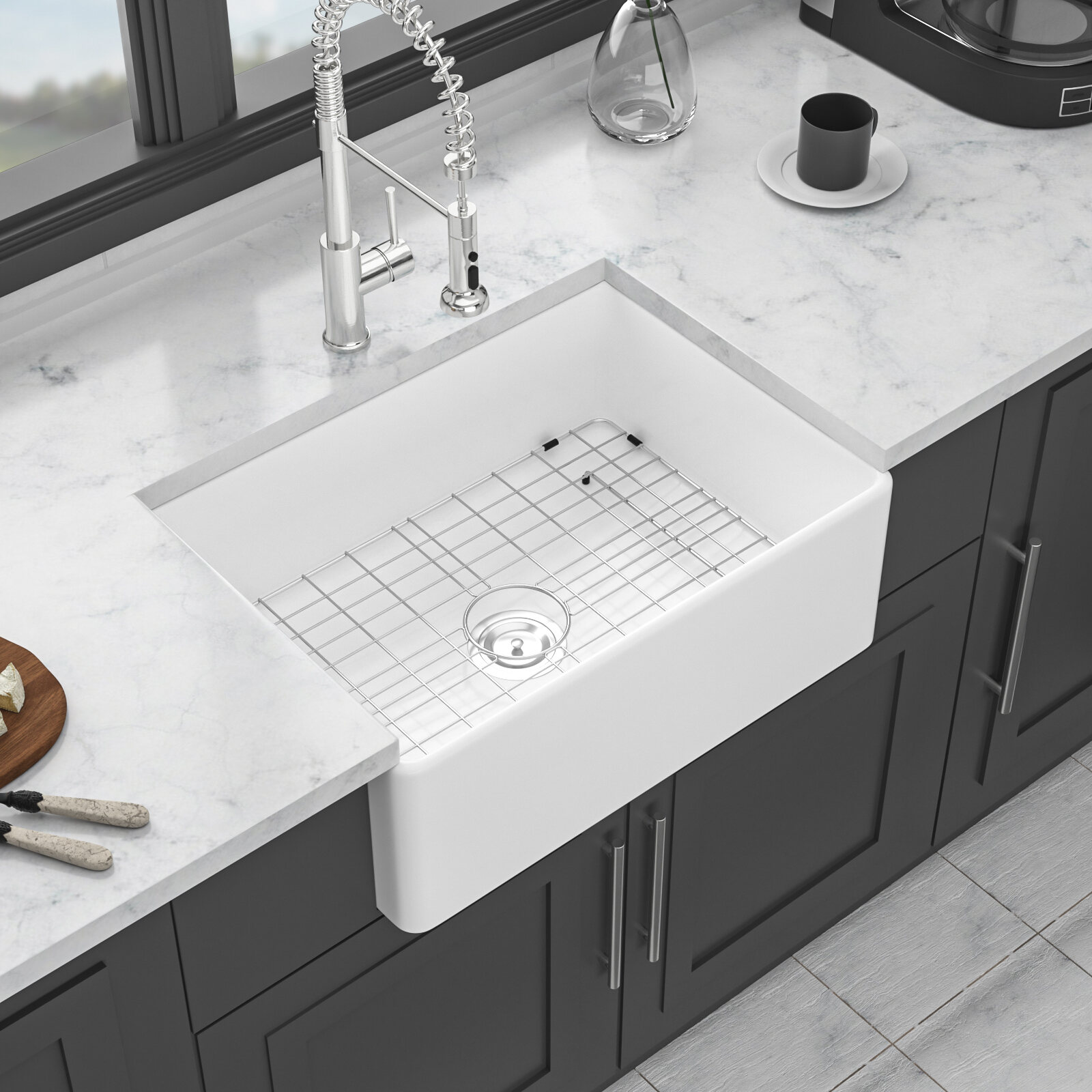 Kitchen Sink 28 White Farmhouse Sink - 28 Inch Kitchen Sink Ceramic Single Bowl with Drain Assembly and Bottom grid,Stainless Steel Kitchen Sink