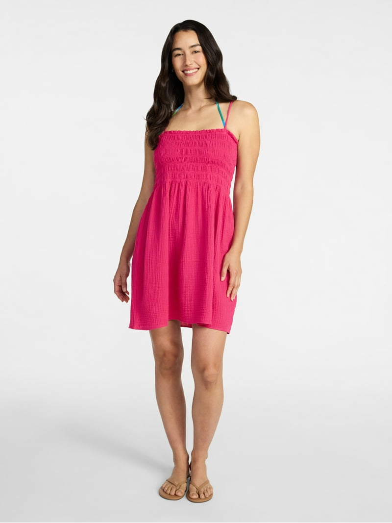 Time and Tru Women's and Women's Plus Smocked Cotton Mini Dress Coverup,  Sizes XS-3X - Walmart.com