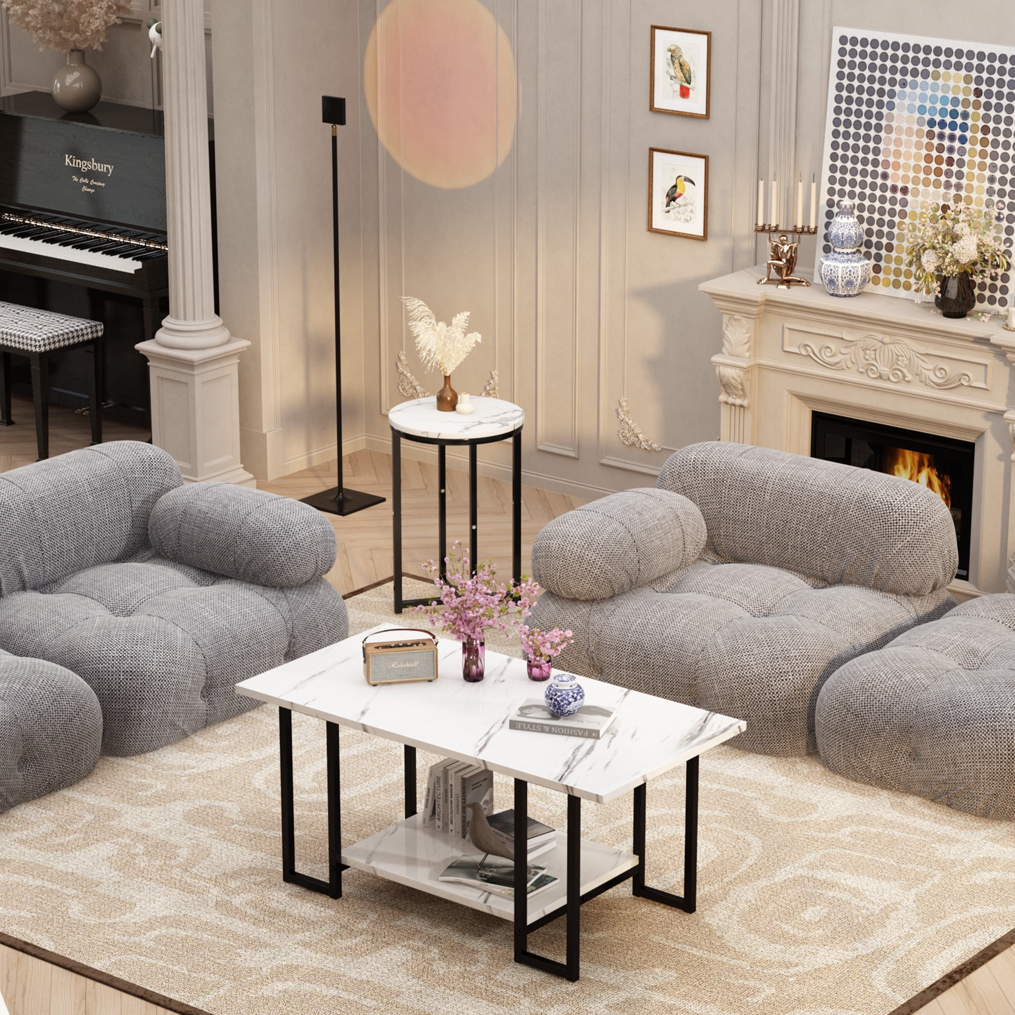 Baxluxe Coffee Table Set of 3, Faux Marble Coffee Table with 2 Round End Side Tables, Modern Living Room Table Set with Metal Frame for Apartment Home Office Small Place, White