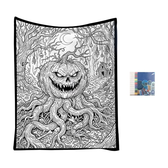 120x80cm Halloween DIY Coloring Throw Blanket For Adults Washable Bed Cover With 100ml Marker Pens Black Tone
