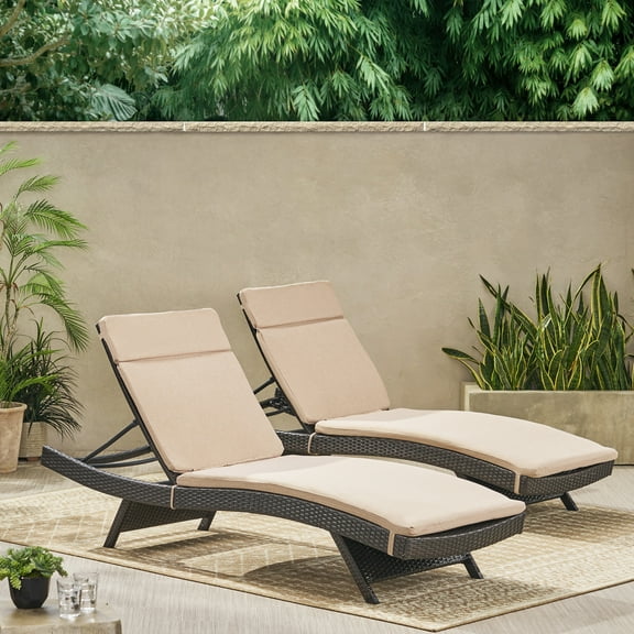 Raleigh Outdoor Brown Wicker Adjustable Chaise Lounge with Beige Cushions (Set of 2)