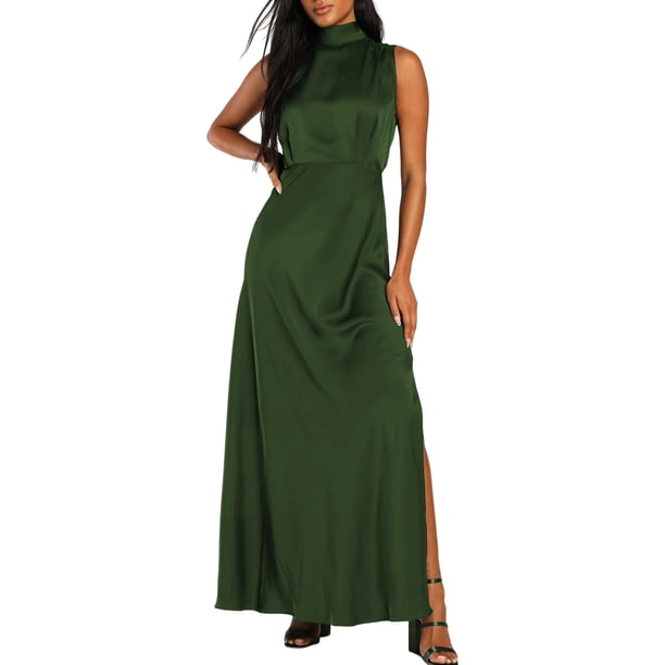 Faldas largas Vestido largo de satén con cuello simulado para mujer, vestido para ocasiones formales, abertura lateral, elegante Ygjytge Verde oscuro T M para Mujer