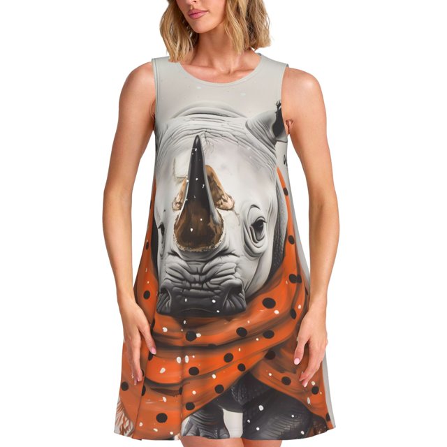 Fotbe Polka Dot Rhino Welcome Vestido de Verano sin Mangas para Mujer – Vestido Midi Línea A, Estilo Camiseta Floral, Vestido Playero Casual y Fluido