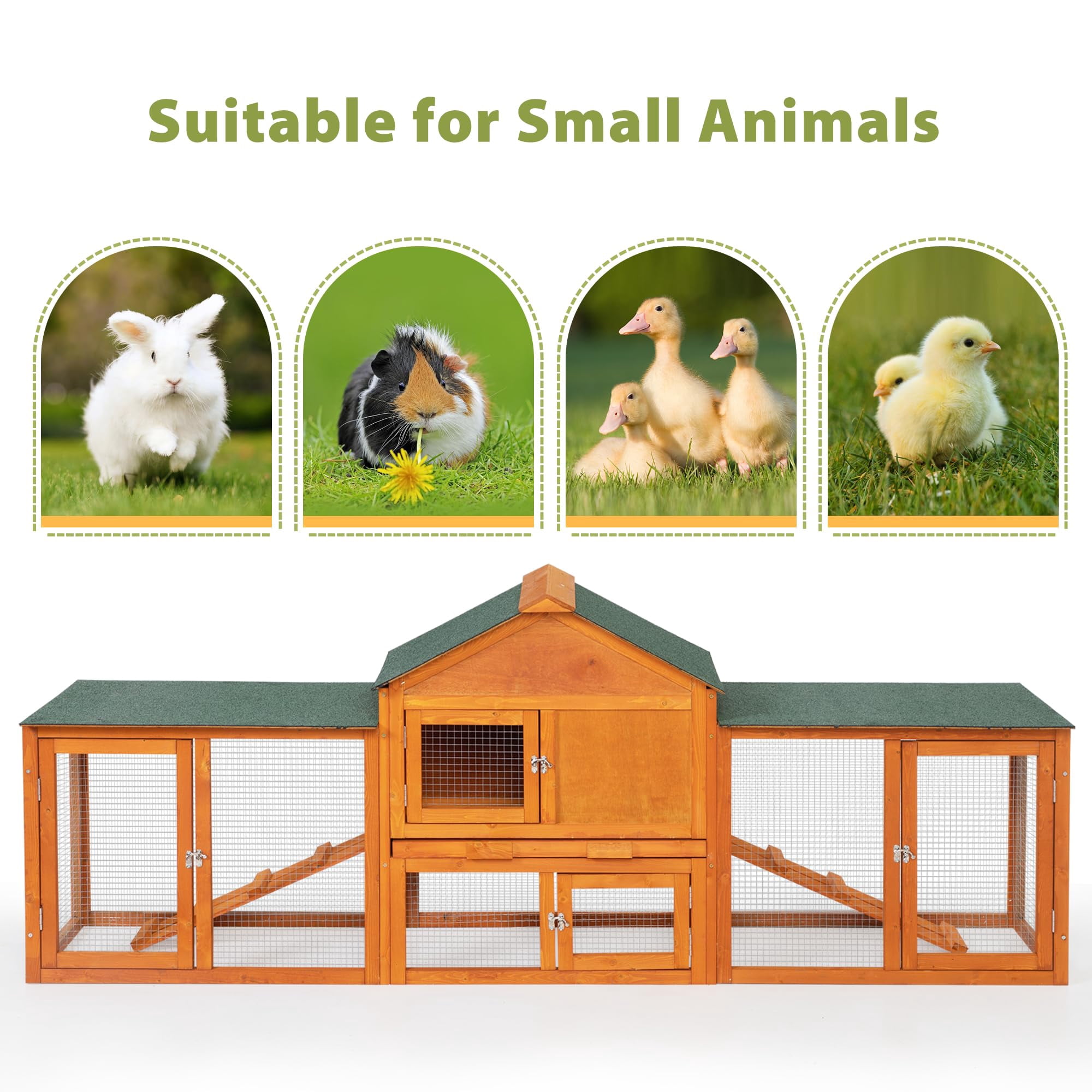 82 Inch Large Wooden Rabbit Hutch Bunny Cage Indoor Outdoor Easy Assemble Durable with Pull Out Cleaning Tray Waterproof Roof for Small Medium Pets Duck Chick Guinea Pig, Orange