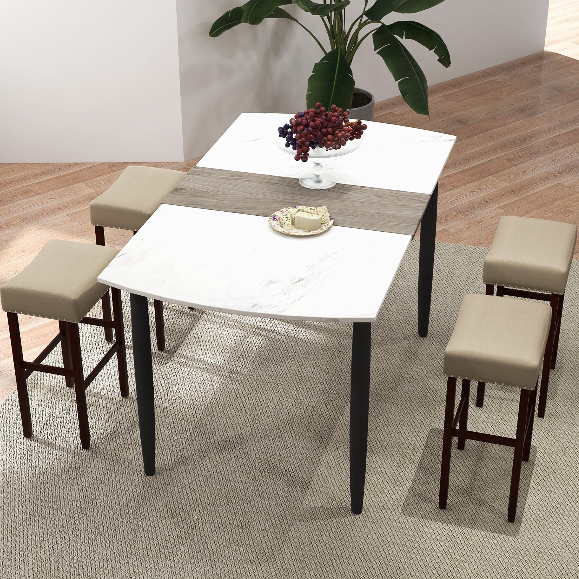 Costway Set of 2 Bar Stools Bar Height Saddle Kitchen Chairs with Wooden Legs Beige