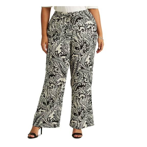 LAUREN RALPH LAUREN Womens White Pocketed Drawstring Unlined Printed Wide Leg Pants Plus 3X