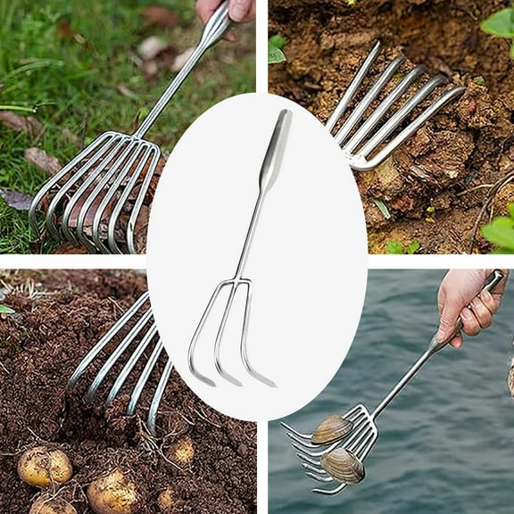 COM1950s Stainless Steel Garden Rake and Leaf Rake,15.6 Inch Wide 8-Tine Heavy Duty Rake,Carbon Steel Head for Seaside,Yard,Sand,Soil,Leaves,Multi-Purpose Lawn Tool