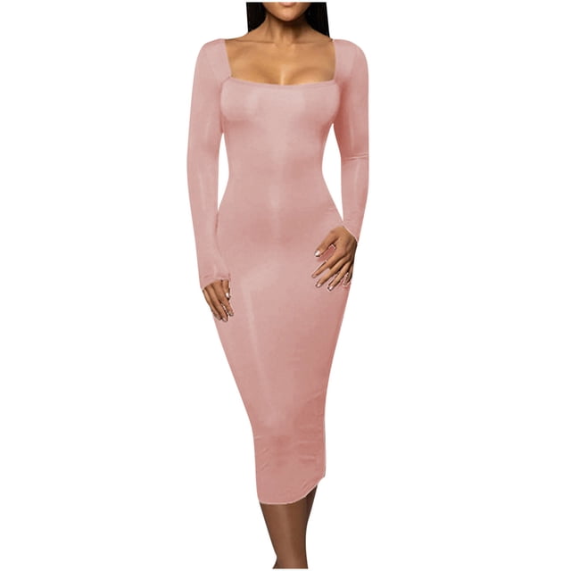 Lovzfmll Robe Polyvalente à Encolure Carrée pour Femmes, Couleur Unie, Mode Ajustée avec Découpe, Rose, P