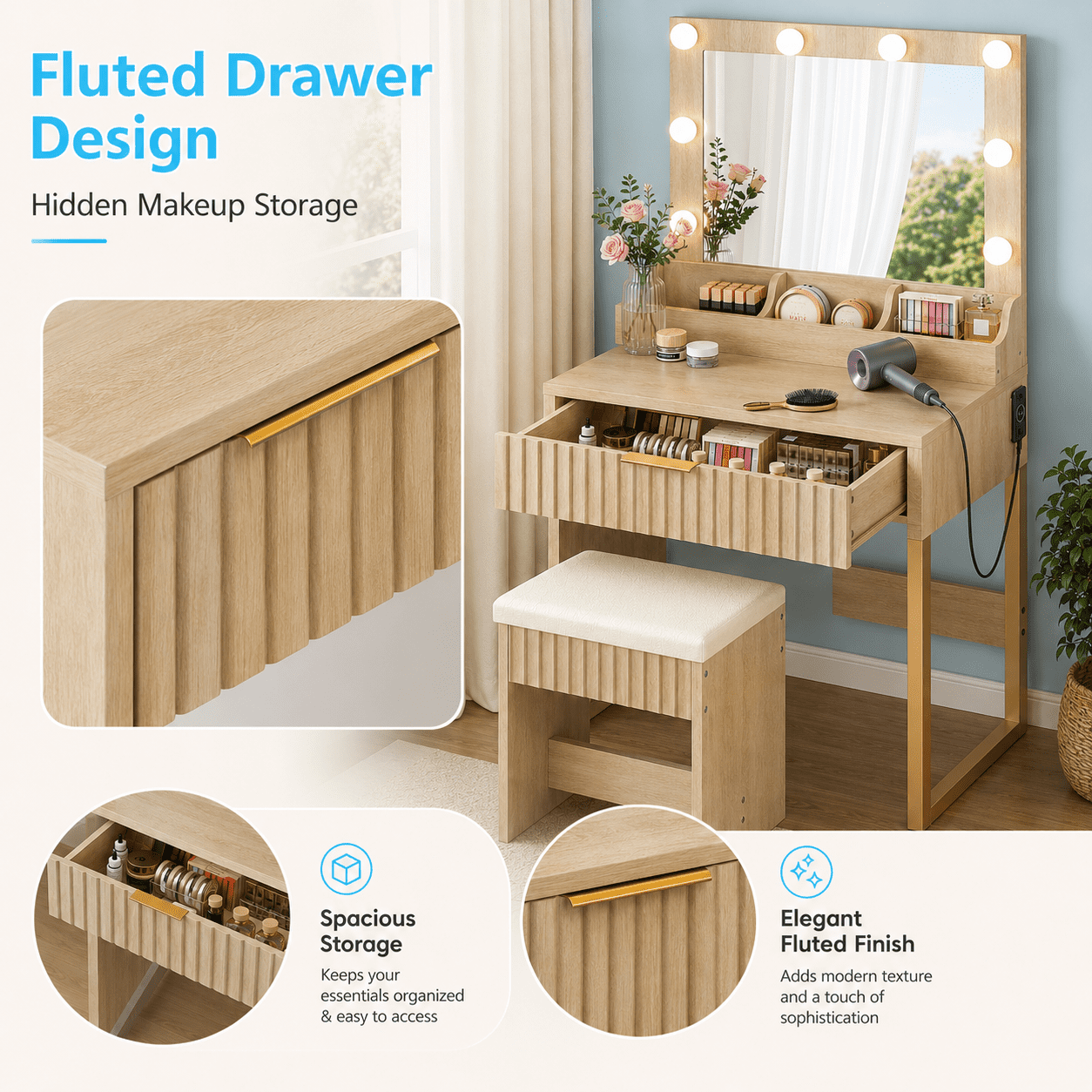 Ktaxon Flutted Makeup Vanity Table w/Stool, Dressing Desk with Charging Station, For Femal Gift, Wood Color