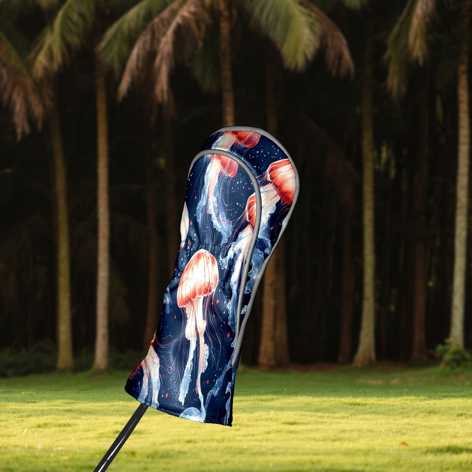 Golf Club Covers PU Leather Waterproof Head Covers for Fairway Woods Hybrids Red Jellyfish