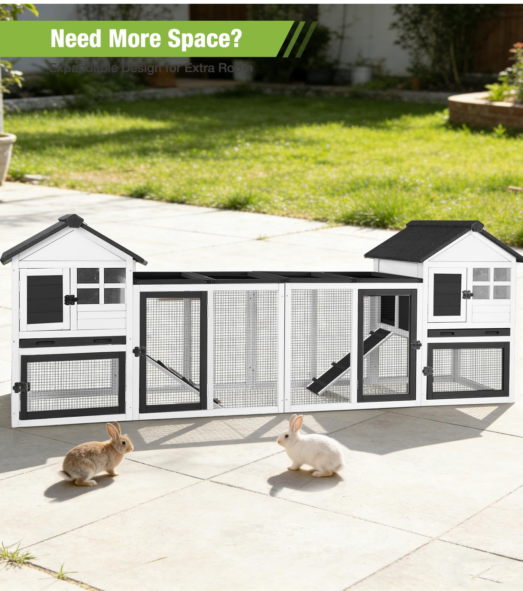 Aivituvin Rabbit Hutch Outdoor Rabbit Cage Indoor 51.6" L Waterproof Bunny Cage with Chew-Proof Ramp and Lockable Doors for Indoor Outdoor Use Black and White
