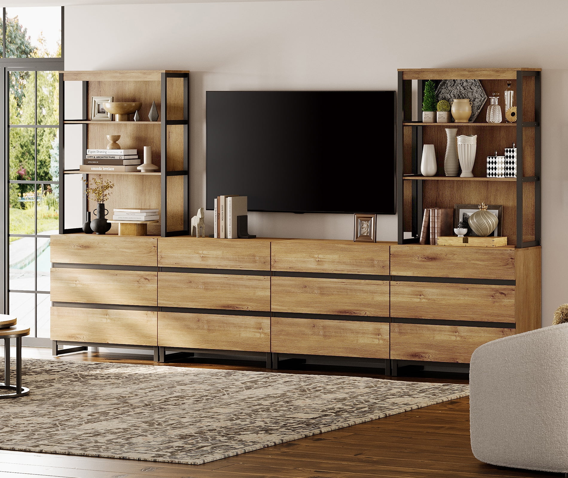 WAMPAT Modern TV Stand with 3 Tiers Bookshelf, Farmhouse Entertainment Center with 12 Drawers and Adjustable Shelf, Wooden Media TV Console with Black Metal Leg for Living Room, Oak