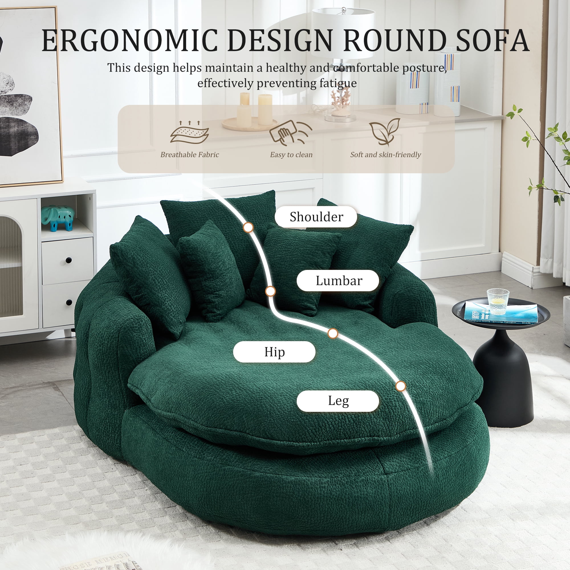 MOONMISS Chenille Upholstered Oversized Wrap Around Deep Seat Bean Bag Lazy Sofa with 5 Pillows-Emerald