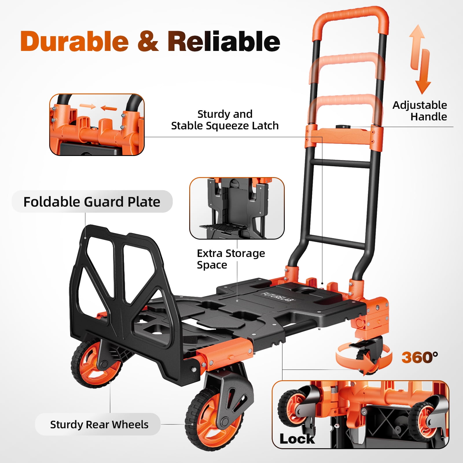 FUTURELAB 2 in 1 Folding Hand Truck, Four/Two Wheels 330LBS Capacity Foldable Cart,Convertible Dolly Cart with Retractable,Truck/Dolly for Travel, Moving, Shopping, Office