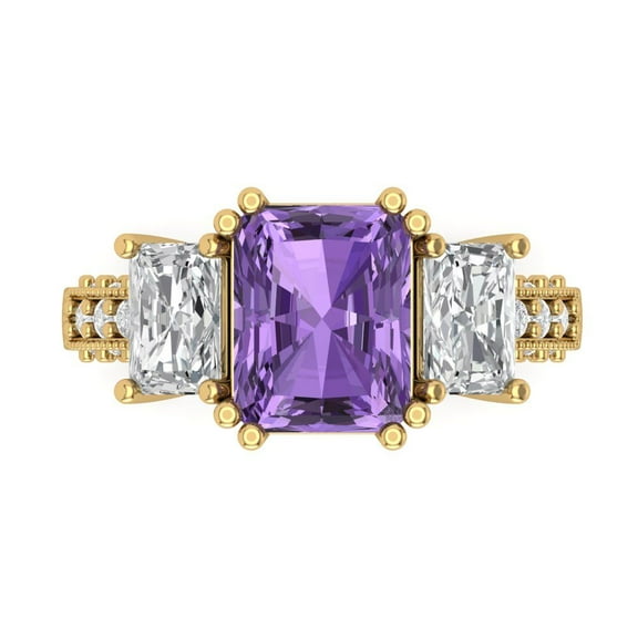 Three-Stone Engagement Ring for Women - 4.27ct Simulated Alexandrite in 14K Yellow Gold Promise Ring