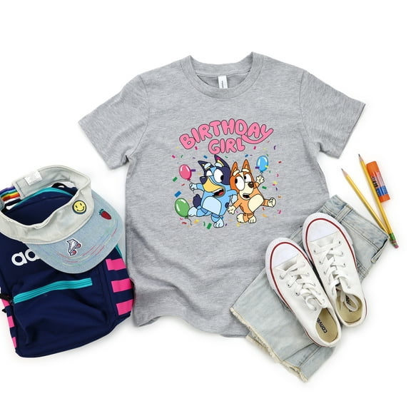 Moonlight Apparel Birthday Girl Cartoon Graphic T-Shirt for Kids Fun Party Tee with Balloons Confetti Short Sleeve Gray Top for Girls Celebration Outfit Cute Summer Birthday Shirt