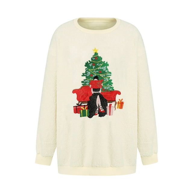 Kmbangi Pull en Molleton pour Femmes Manches Longues Col Rond Chandail en Molleton de Noël pour Automne Hiver