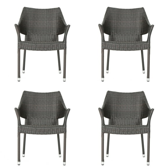 Lisonu Set of 4 Stackable Outdoor Resin Wicker Chairs, Brown PE Rattan Patio Dining Seats, Weather Resistant Garden & Deck Furniture, No Assembly Required