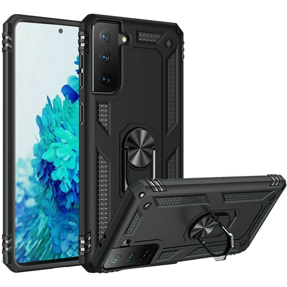 Finger Loop Armor Hybrid Case with 360° Rotating Ring Holder Kickstand for Samsung Galaxy S21 Plus 5G - Black