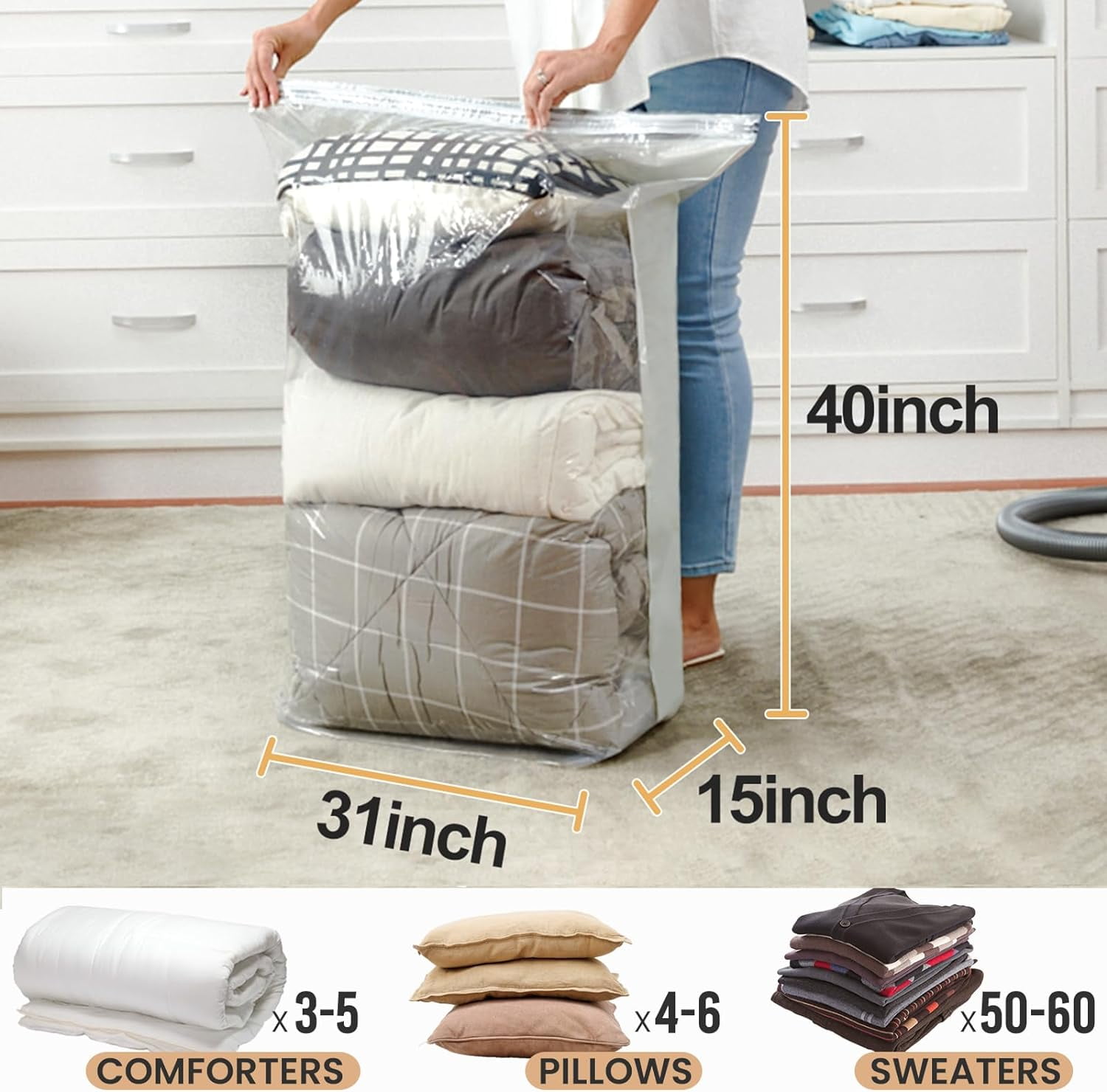 10 Pack Vacuum Storage Bags, Jumbo Cube Space Saver Bags (31x40x15 Inch), Extra Large Vacuum Sealer Bags for Comforters Blankets Bedding Clothing, Closet Organizer, Cream