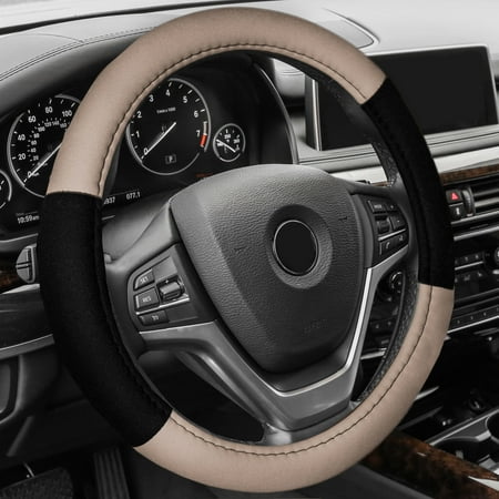 FH Group Cloth Steering Wheel Cover for Sedan, SUV, Van, Cloth Steering Wheel Cover, Beige Black