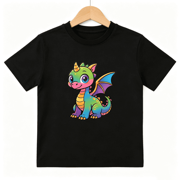 Cute Magical Dragon Girls Graphic Tee, Colorful Rainbow Fantasy 100% Cotton Kids Short Sleeve T-Shirt